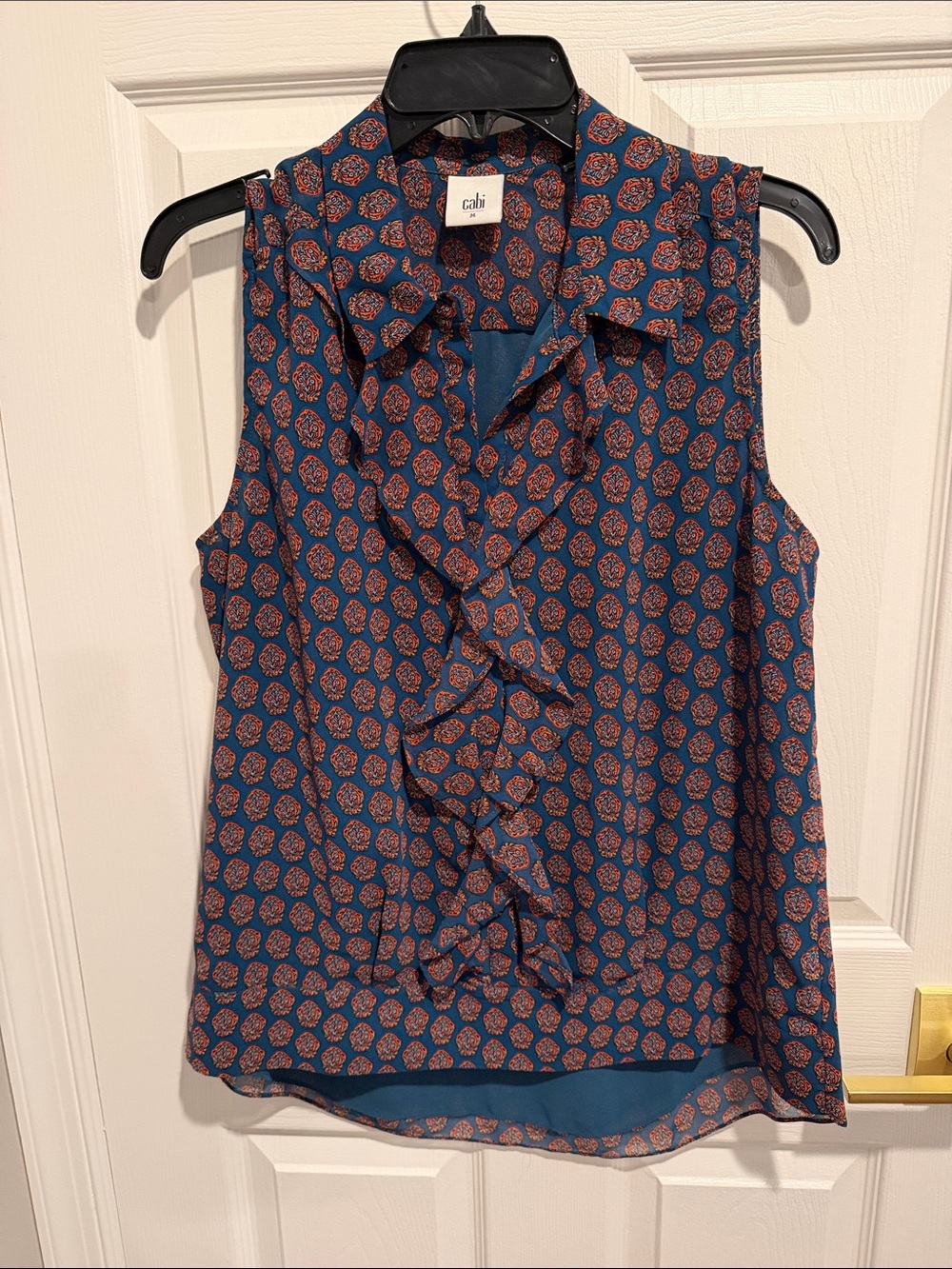 CAbi Navy and Rust Medallion Ruffle Sleeveless Blouse